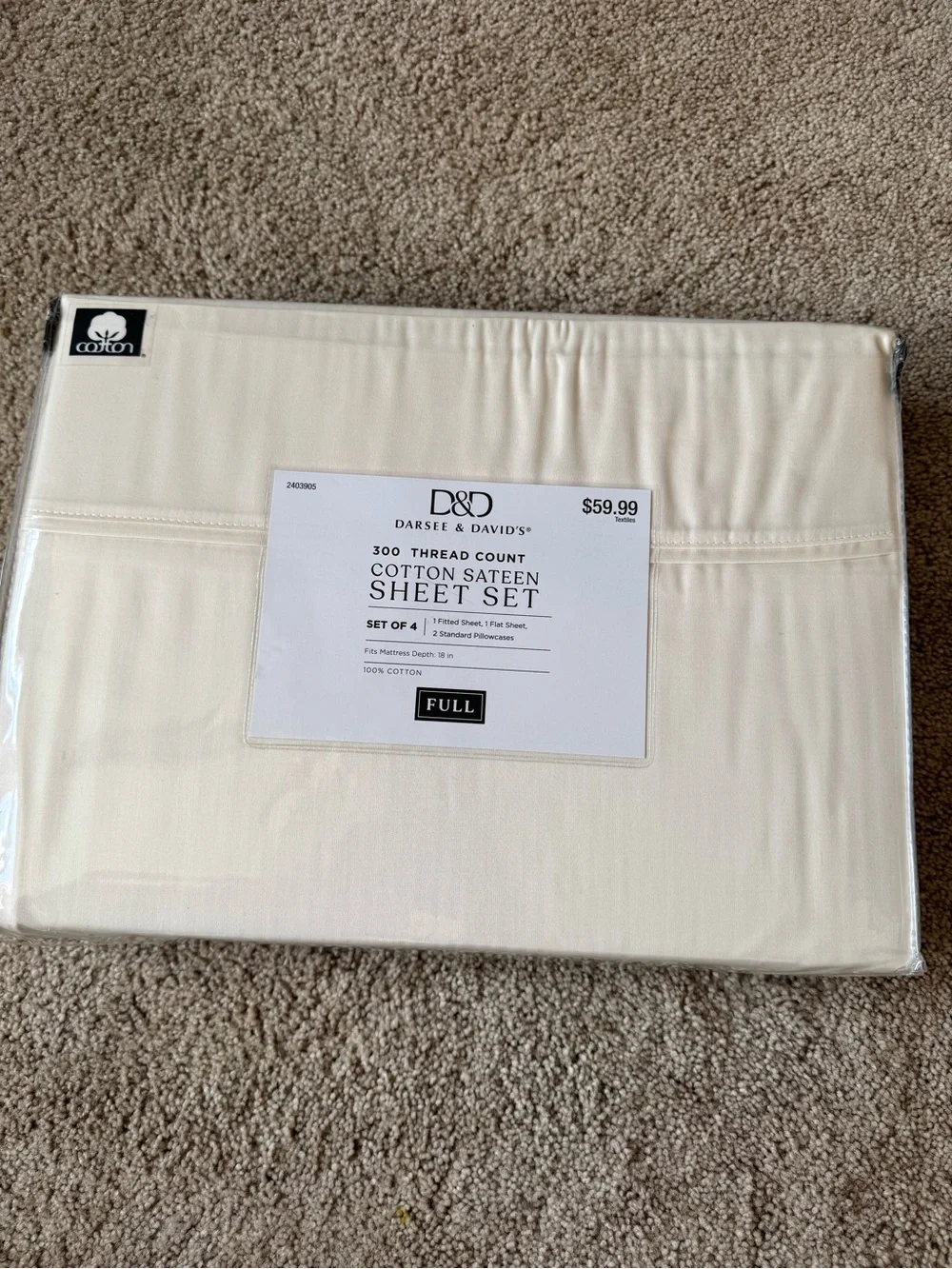Cotton Sateen Full Sheet Set in Cream NWT